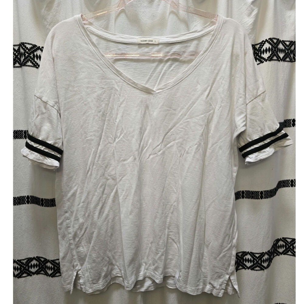 Marine Layer white T-shirt black sleeve bands ruffle sleeve oversized V-neck L